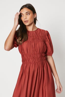 Petite Shirred Bodice Puff Sleeve Midi Dress