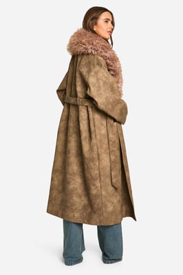 Faux Fur Collar Vintage Look Faux Leather Trench Coat