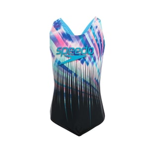 Girl's Speedo Junior Allover Splashback Swimsuit in Black purple