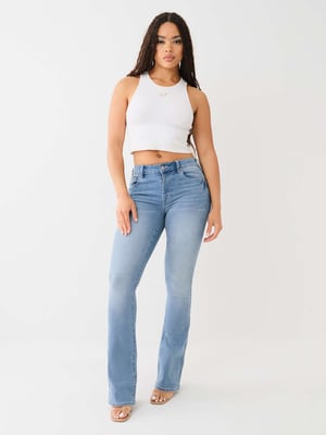 Becca Crystal Single Needle Mid Rise Bootcut in Medium Golden Wash