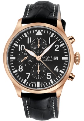 Gevril Vaughn Chronograph Black Dial Swiss Automatic ETA 7750 Watch