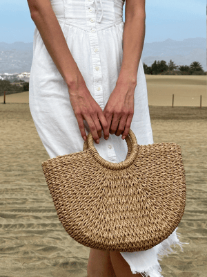 Round Woven Straw Holdall With Circular Handle