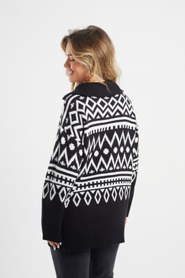 Black Oversized Zip Neck Knitted Pattern Jumper