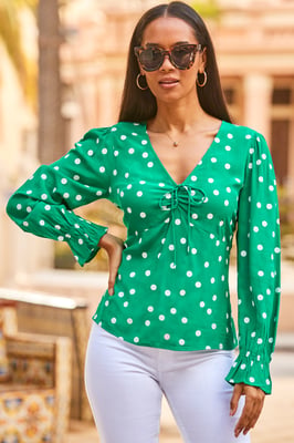 Green & White Spot Print Tie Detail Blouse