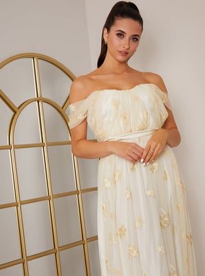 Bardot Embroidered Floral Dobby Lace Maxi Dress in Cream