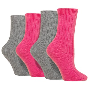 4 Pack Ladies Cashmere Boot Socks | Wildfeet | Ribbed Crew Wool Bed Socks - Pink/Grey