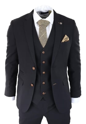 Mens Black 3 piece Suit Brown Trim Classic Birdseye Vintage Wedding Grooms