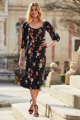 Black Floral Print Sweetheart Neckline Midi Jersey Dress