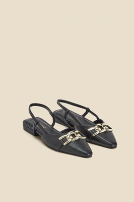 Black Leather Pointed Toe Flat Slingback Shoe With Gold Trim