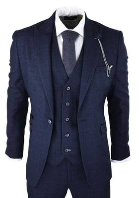 Heren 3-delig marineblauw geruit tweed retro klassiek pak