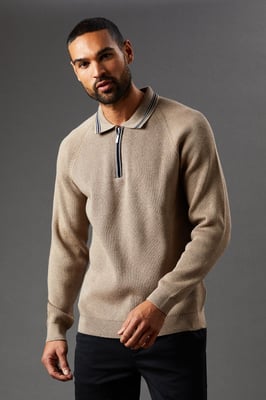 Fine Gauge Long Sleeve Zip Neck Knitted Polo