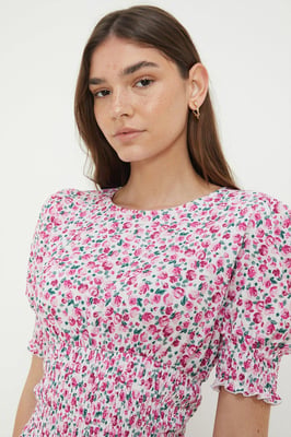Pink Ditsy Shirred Waist Midi Dress