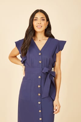 Navy Linen Blend Midi Shirt Dress