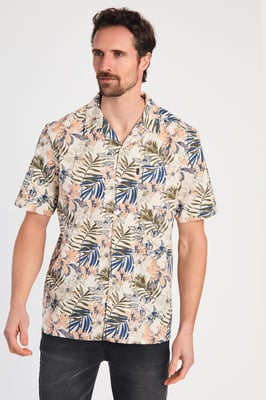 Cream Cotton Printed Poplin Short Sleeve Shirt