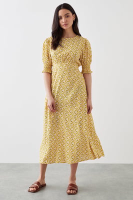 Petite Yellow Ditsy Shirred Cuff Midi Dress