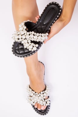 Where's That From Eve Pearl Embelllished Flat Slider Sandals - Black