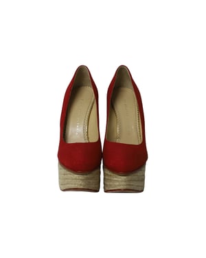 Charlotte Olympia Carmen Espadrille Platform Wedge Pumps in Red Canvas