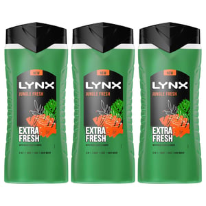 Lynx 3in1 Body, Face & Hair Wash Shower Gel Extra Fresh Jungle Fresh 500ml, 3pk