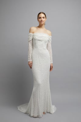 Draped Bardot Sequin Long Sleeve Maxi Dress