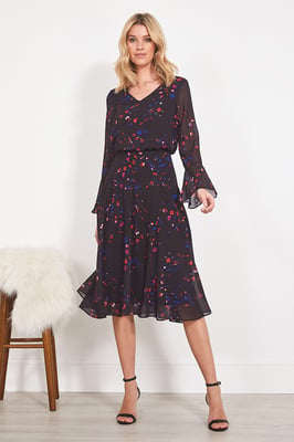 Black Abstract Floral Print Fit & Flare Dress