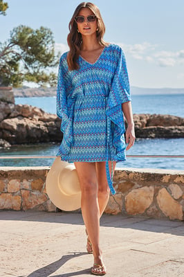 Blue Chevron Print Kaftan With Pom Pom Trim