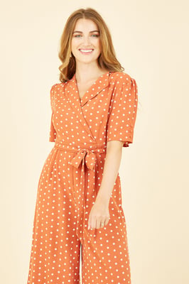 Orange Spot Print Retro Culotte Jumpsuit