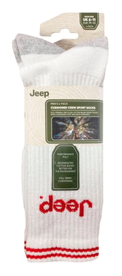 Mens Sport Crew Socks | Jeep | 4 Pack Cotton Running Socks with Reinforced Heel and Toe - White