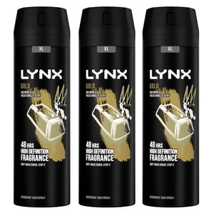 Lynx XL 48-H High Definition Fragrance Gold Body Spray Deodorant 3 Pack, 200ml