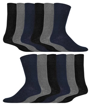 12 Pair Multipack Gentle Grip Top Diabetic Socks | IOMI | Mid Calf Loose Top Non Elastic Cotton Socks with Handlinked Seamless Toe - Black / Navy / Grey