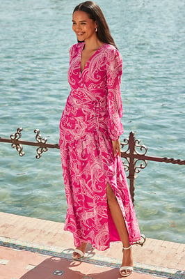 Pink Paisley Print Wrap Maxi Dress