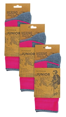 3 Pair Multipack Kids Merino Wool Hiking Socks | Lightweight Anti Blister Socks for Boys & Girls - Pink