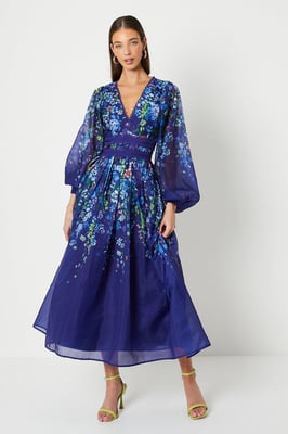 Organza Floral Placement Lace Trim Midaxi Dress