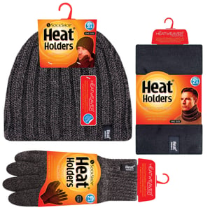 Heat Holders - Thermal Winter Fleece Cable Knit Hat, Neck Warmer and Gloves set for Men - Grey
