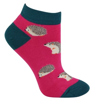 Ladies Bamboo Trainer Socks | Miss Sparrow | Breathable Low Cut Socks for Women - Hedgehogs (Hot Pink)