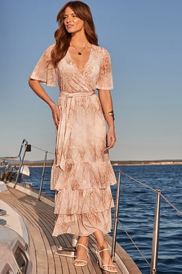 Snake Print Tiered Hem Wrap Jersey Midi Dress