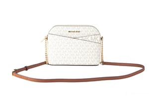 Michael Kors Women's Jet Set Travel Medium Leather X Cross Dome Crossbody Handbag (Vanilla Signature/Gold)