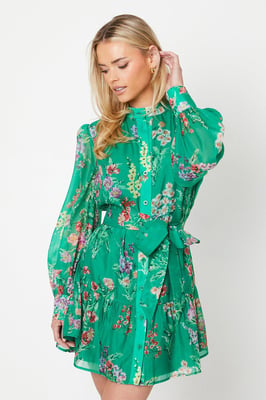 Petite Green Floral Organza Mini Shirt Dress
