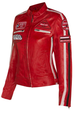 Womens Leather Biker Racing Badges Jacket-Agadir