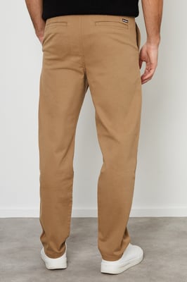 Stone Cotton Straight Leg Pleated Chino Trousers With Stretch