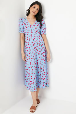 Rose V Neck Short Sleeve Midi Dress