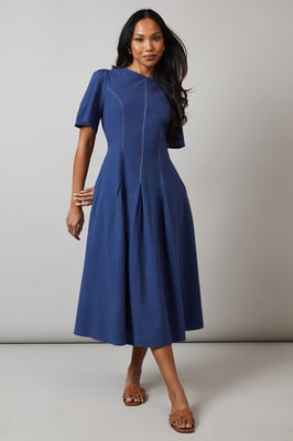 Royal Blue Seam Detail Inserted Pleat Detail Midi Dress