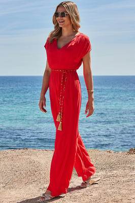 Coral Wide Leg Crinkle Jumpsuit With Tassel Belt