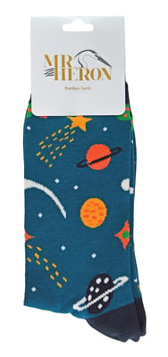 Mens Solar System Space Socks | Mr Heron | Novelty Stars Galaxy Planets Patterned Bamboo Socks - Space (Navy)