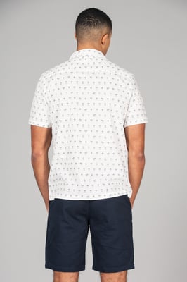 White Cotton Short Sleeve Button-Up Printed Shirt