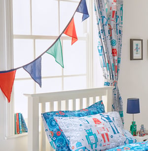 Robot Printed Pencil Pleat Curtains in Blue