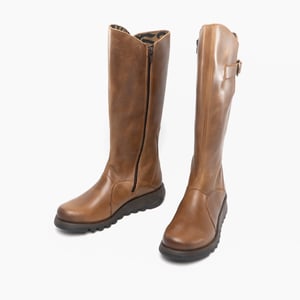 Fly London Dames Camel Brown MOL 2 Leren Wedgesleekte Kniehoge Laarzen met Ritssluiting