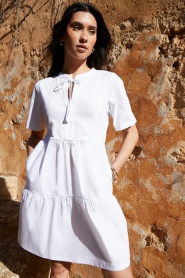 White Tiered Jersey Poplin Mini Dress