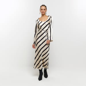 River Island Womens Slip Midi Dress White Satin Stripe Belted