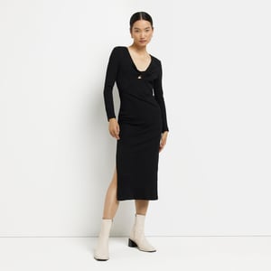 River Island Womens Bodycon Midi Dress Black Ribbed