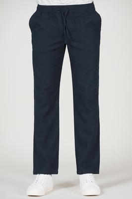 Navy Linen Blend Straight Leg Trousers